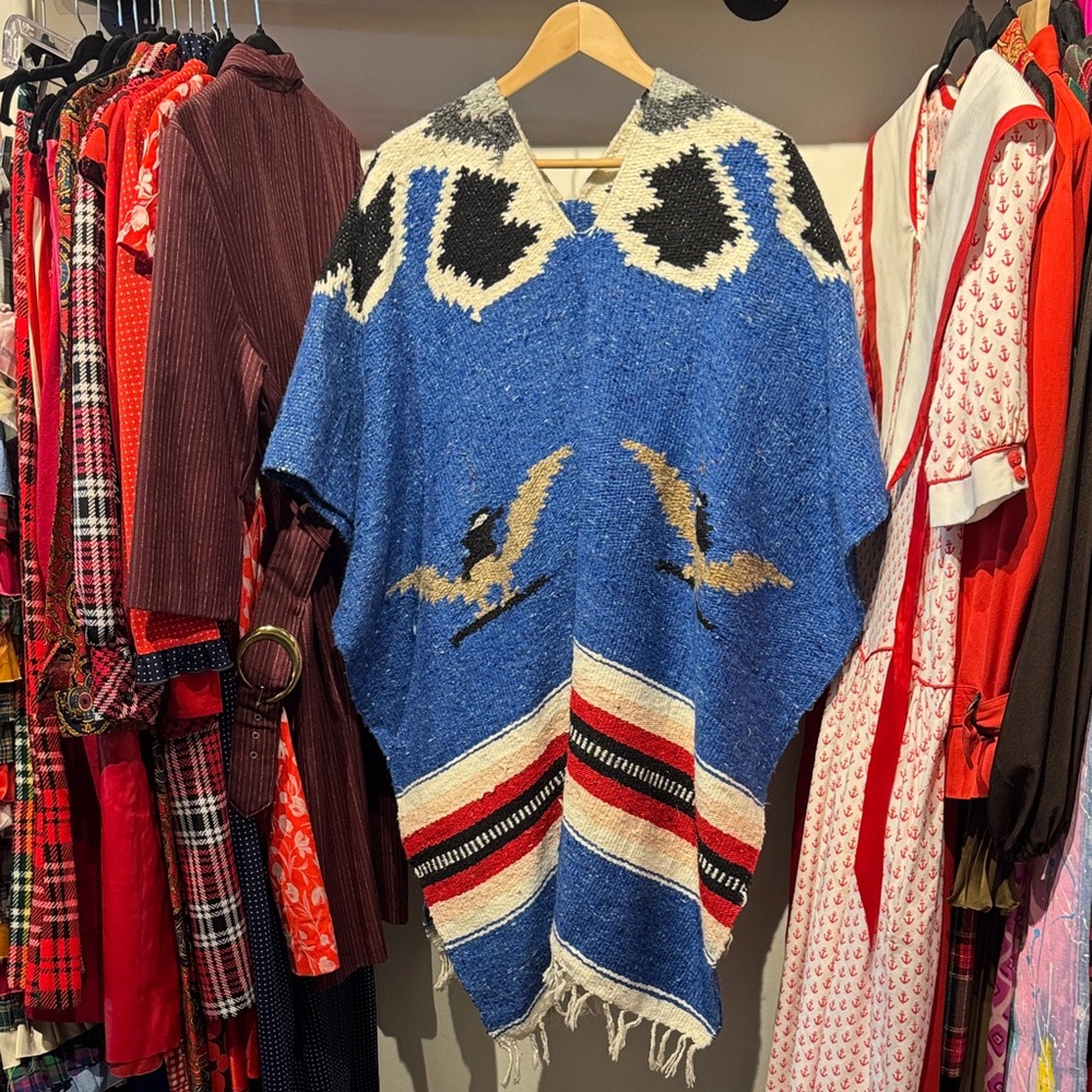 Authentic Mexican Aztec Blue and Red Eagle Patterned Poncho